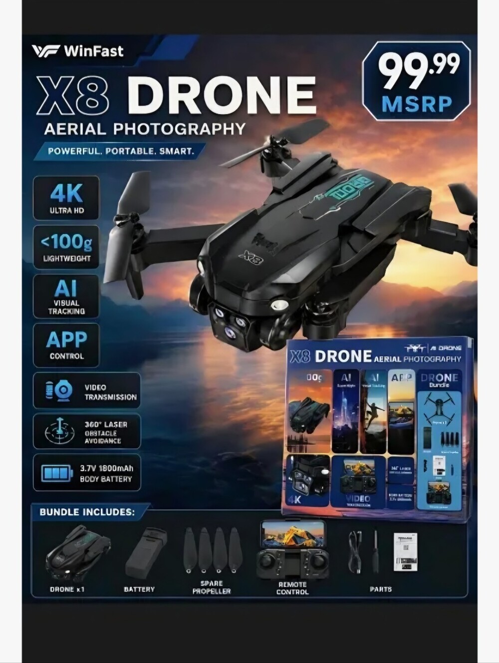 NIB 4K, X8 Drone Aerial Photography - 360° Obstacle Aviodance